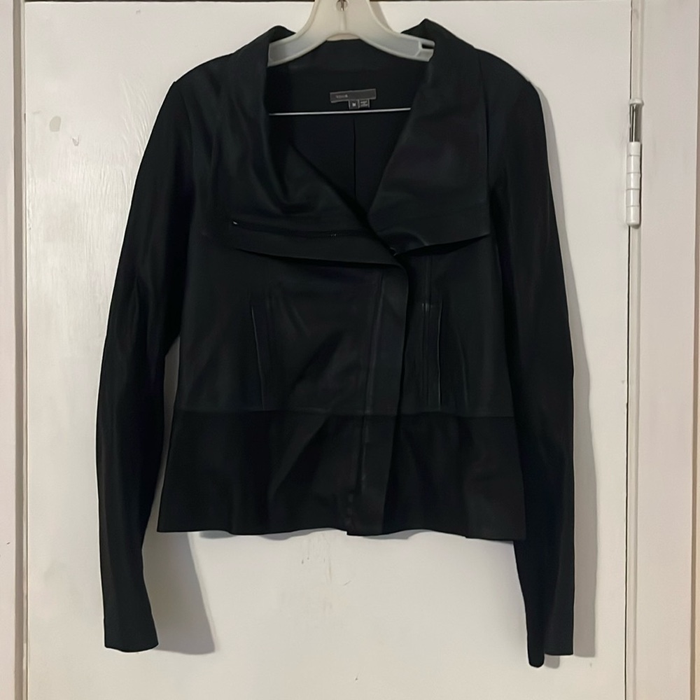 Vince Two-Tone Black Asymmetric Paper Weight Leather Jacket Size M